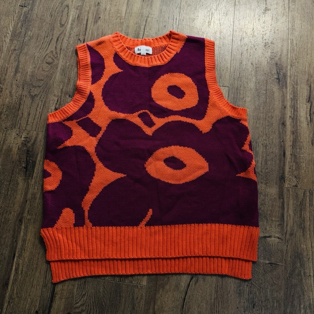 merci Womens Large Floral Sweater Vest Orange Purple Sleeveless Knit
